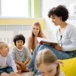 Teacher reading to preschool kids in a colorful classroom setting.